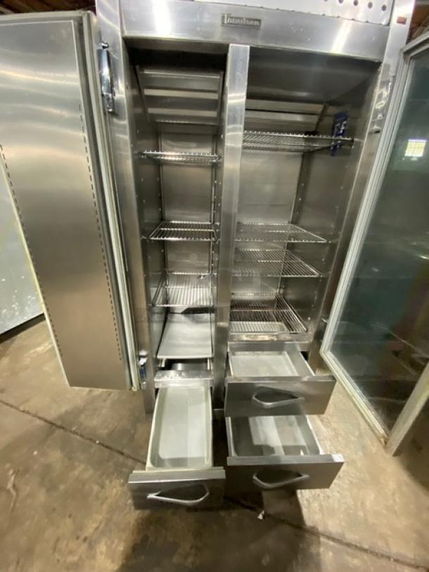Traulsen stainless steel 2-door, 3-drawer dual-zone refrigerator/freezer with chrome wire racks, model URS36DT.