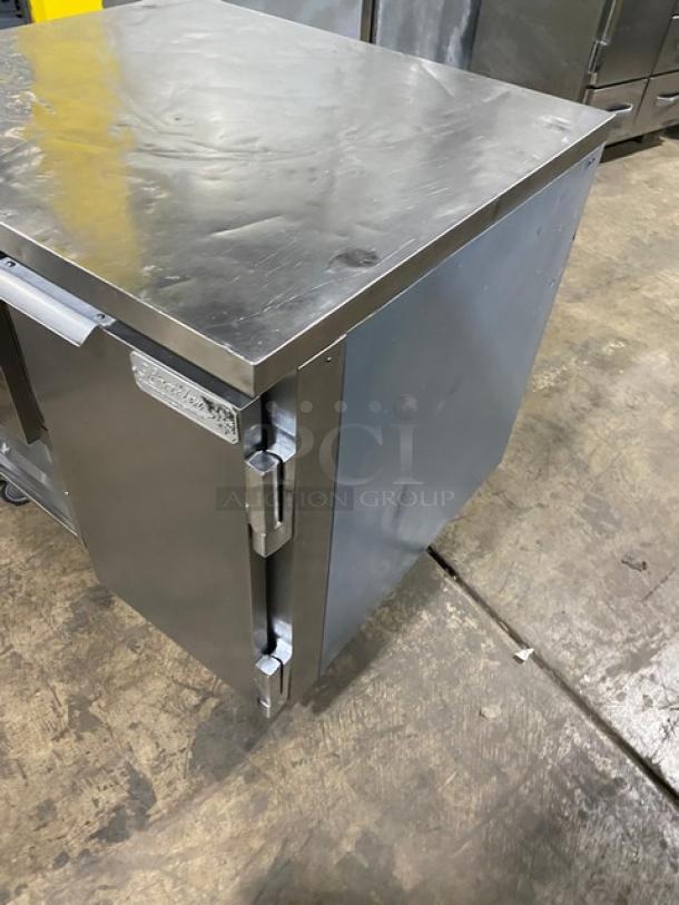 Leader LB36SC stainless steel 2-door refrigerated worktop lowboy, with wired rack, on casters, 115V 1 phase, good condition.