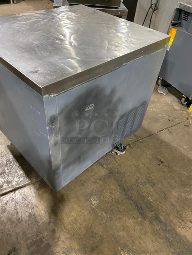 Leader Commercial Stainless Steel 2 Door Refrigerated Worktop Lowboy, Model LB36SC, on casters, includes wired rack.