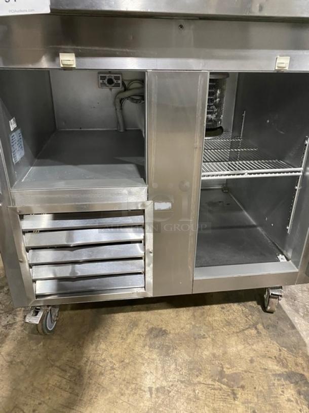 Leader Commercial Stainless Steel 2-Door Refrigerated Worktop, Model LB36SC. Features wired rack, on casters, 115V, 1 Phase.