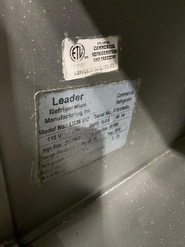 Leader Refrigerated Worktop Lowboy, Model LB36SC, SN: PT010646a, 115V, 1 Phase, ETL-listed tags, stainless steel, on casters.