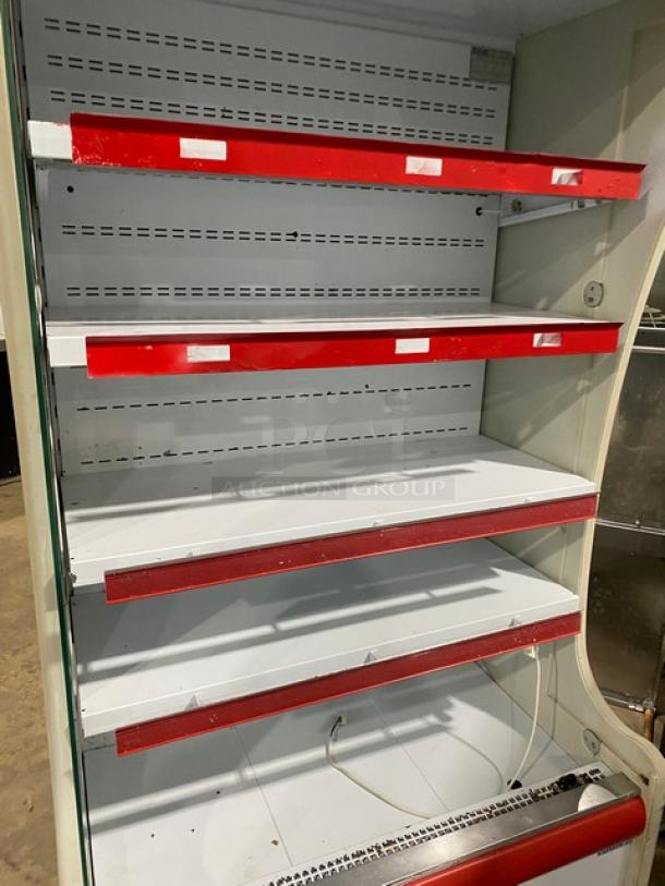 Igloo commercial refrigerated display case, white, multi-tier, open grab-n-go style, red trim, 115V, excellent condition.