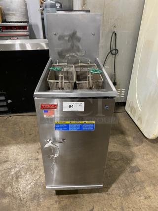 Pitco Frialator 40S commercial stainless steel deep fat fryer with backsplash, fry baskets, and legs, model 40S.