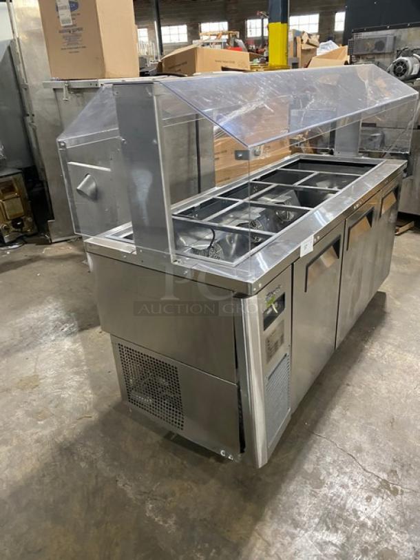 Turbo Air 3 Door Refrigerated Buffet Table JBT-72-N, stainless steel, sneeze guard, poly-coated racks, on casters, 115V.