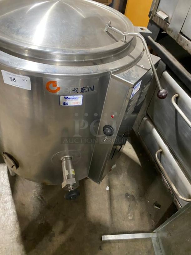 Groen AH/1-40 stainless steel steam jacketed stationary steam kettle, natural gas, 40 lb capacity, on legs, with control panel.