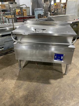 Cleveland Range electric tilt skillet, stainless steel, single spout faucet, on legs, commercial use, gently used condition.