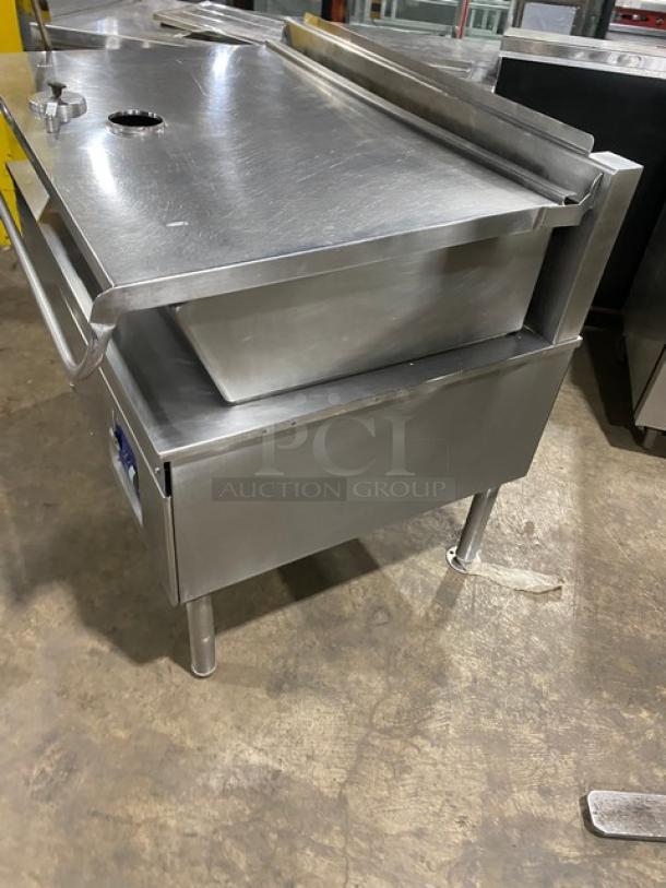 Cleveland Range stainless steel electric tilt skillet with single spout faucet, on legs, commercial-grade, excellent condition.