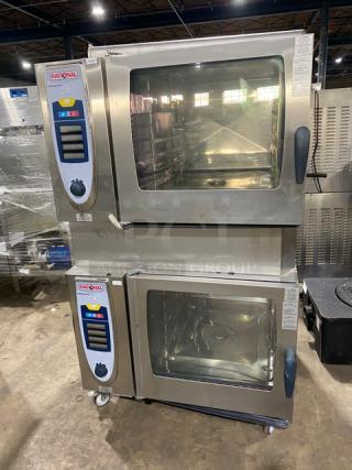 Rational SCC62G Combi Oven, stainless steel, double-stacked, natural gas, wired racks, blue gas connector, model SCC62G.
