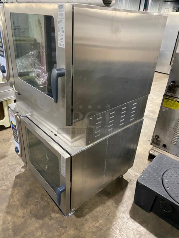 Rational SelfCooking Center SCC62G double-stacked combi oven, stainless steel, natural gas, with wired racks and blue gas hose.