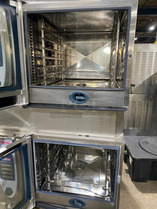Rational SCC62G commercial double combi oven, stainless steel, with wired racks and blue gas hose, 120V, good condition.