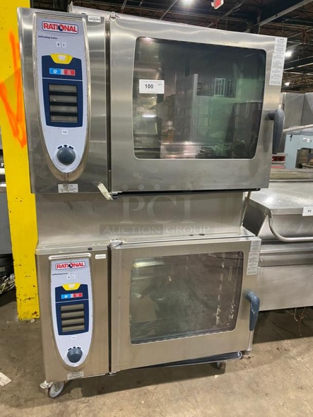 Rational SCC62G double stacked combi oven, stainless steel, natural gas, wired racks, blue gas connector, 120V 1 phase.