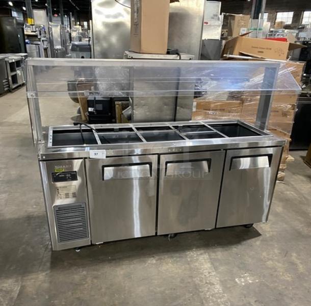 Turbo Air JBT-72-N stainless steel 3-door refrigerated buffet table with sneeze guard and wire racks, on casters; 71".