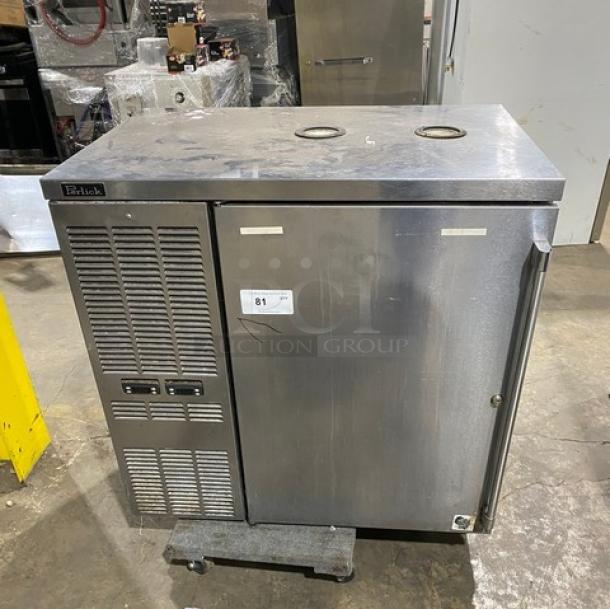 Perlick DZS36T1 commercial stainless steel back bar storage cabinet, dual-zone, single section, 115V, minor scratches.