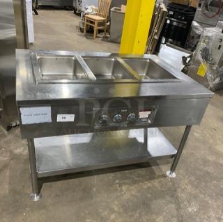 Wells MOD300TDM stainless steel 3-well steam table with undershelf, electric-powered, 208/240V, on legs, model SN: M3TD0616A0016.