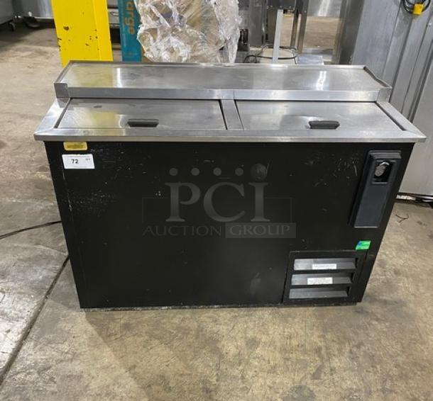Fogel BC-50DBST black powder-coated double section back bar bottle cooler with stainless steel top and sliding lids. Model: BC50DBST.