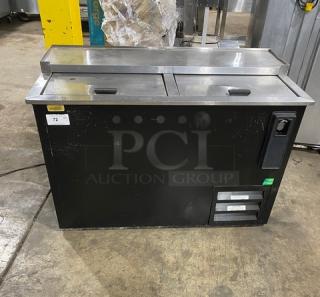 Fogel BC-50DBST black powder-coated double section back bar bottle cooler with stainless steel top and sliding lids. Model: BC50DBST.