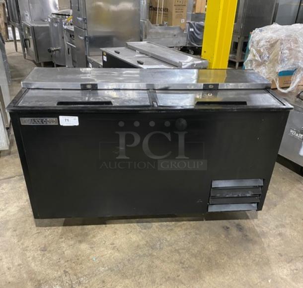 Maxx Cold X-Series Commercial Bottle Cooler, black powder-coated, stainless steel top, double sliding lids, Model MXCR65B.