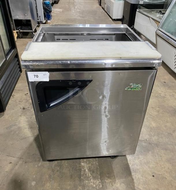 Turbo Air TST-28SD refrigerated prep table, stainless steel, single door, cutting board, casters, 115V, commercial use.