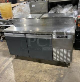 Continental Commercial Stainless Steel 2 Door Refrigerated Pizza Prep Table! With Back Splash! With Poly Coated Wire Racks! Model: CPT67-SS SN: 14454270! 115V 1 Phase! On Casters! - Item #1206382