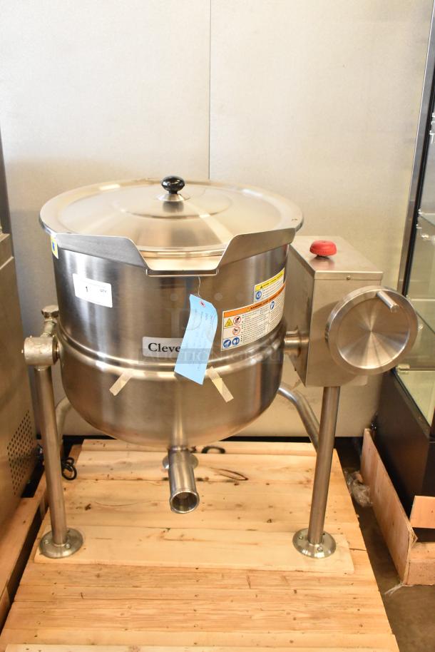 Cleveland KDL-25-T stainless steel 25-gallon tilting steam kettle, brand new with scratch and dent, floor model.