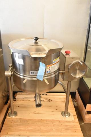 Cleveland KDL-25-T stainless steel 25-gallon tilting steam kettle, brand new with scratch and dent, floor model.