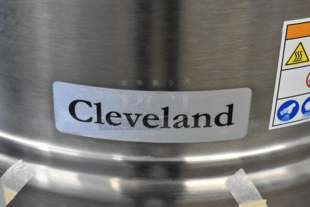 Cleveland KDL-25-T 25-gallon tilting steam kettle, stainless steel, scratch and dent, brand markings visible.