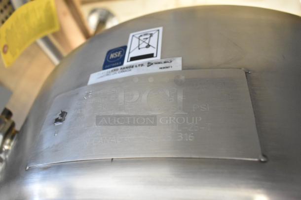 Cleveland KDL-25-T stainless steel 25-gallon steam kettle, scratch and dent, NSF label, model details engraved.