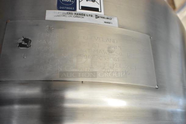 BRAND NEW Cleveland KDL-25-T stainless steel 25-gallon tilting steam kettle. Serial No. 250423053061, made in Canada.