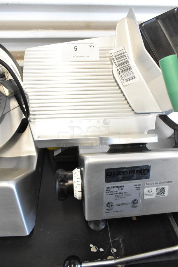2022 Bizerba GSP HD stainless steel meat slicer, commercial countertop model, 115 volts, 1 phase, made in Germany.