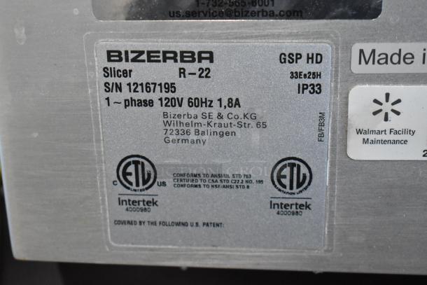 Label on 2022 Bizerba GSP HD Meat Slicer showing model, serial number, voltage, phase, and certifications.