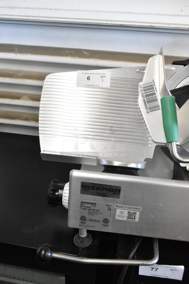 2022 Bizerba GSP H meat slicer, stainless steel, 115V, 1 phase, labeled "Made in Germany," on a countertop.