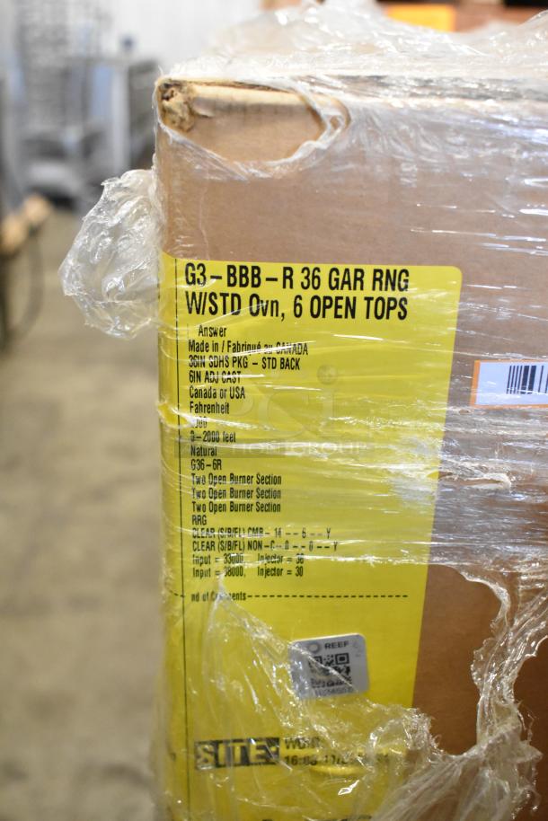 Alt text: "Garland G3-BBB-R stainless steel commercial range packaging showing model details and specs, brand new with scratches."