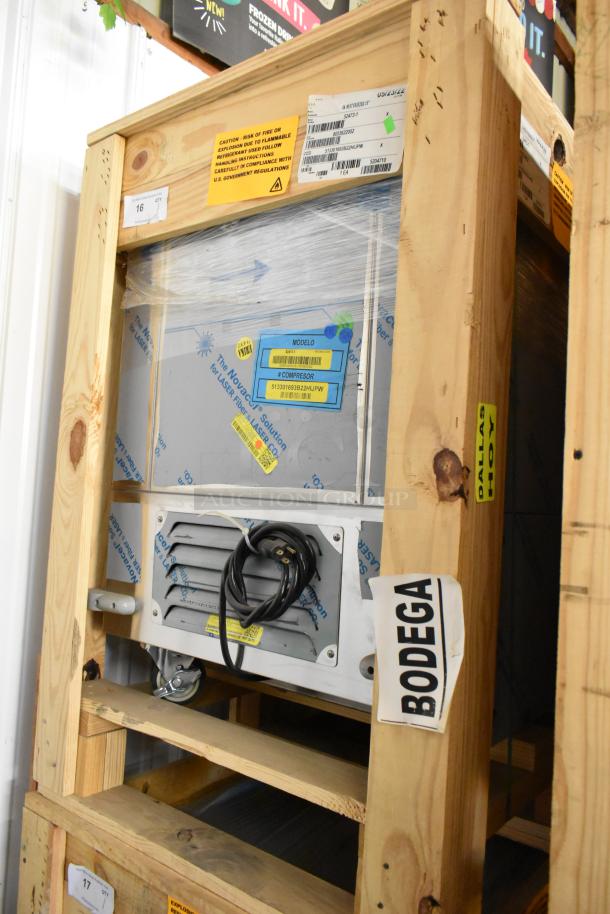 Brand new 2022 BKI 52473-1 stainless steel commercial meat freezer in crate. Includes commercial casters, 115V, 1 phase.