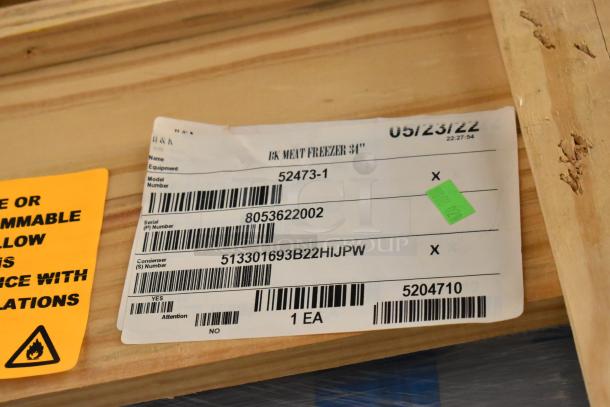 BRAND NEW BKI 52473-1 stainless steel commercial meat freezer in crate, commercial casters, 115 volts, 1 phase.