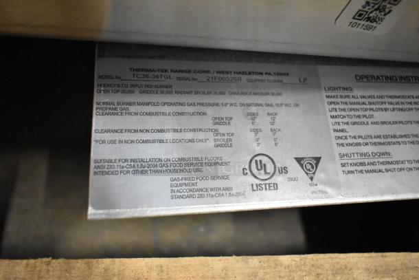 BRAND NEW 2021 Therma-tek TC36-36TGL stainless steel propane griddle, 30,000 BTU, model tag showing specifications.