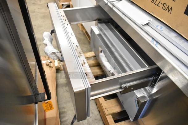 BRAND NEW Beverage Air WTRCS48HC stainless steel 2 drawer chef base with scratches. 115 Volts, 1 Phase, tag visible.