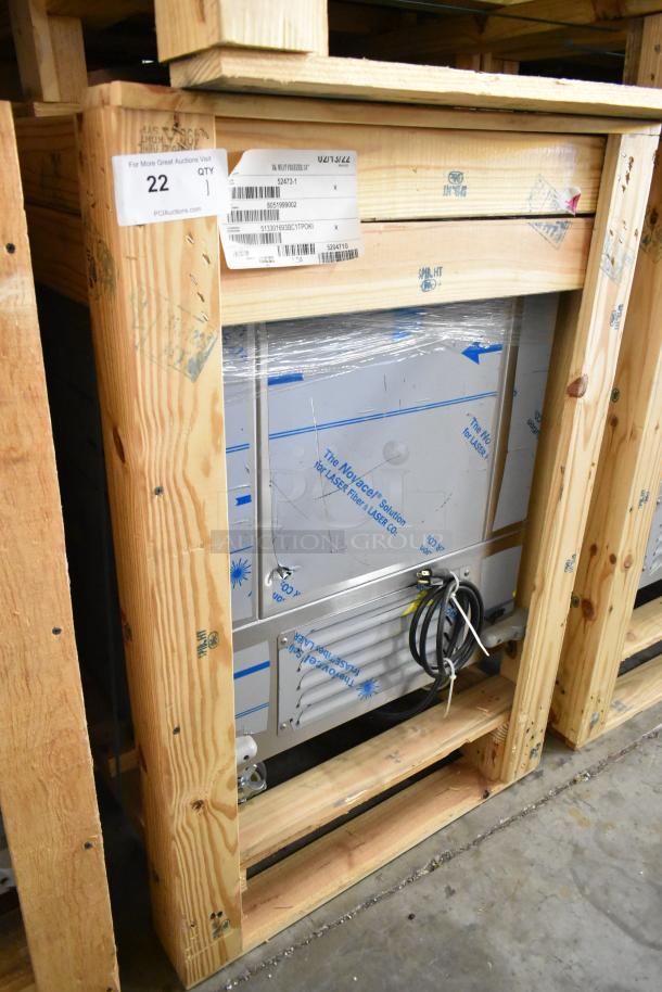 Brand new BKI 52473-1 stainless steel commercial meat freezer in crate, 115 Volts, 1 Phase, on commercial casters.