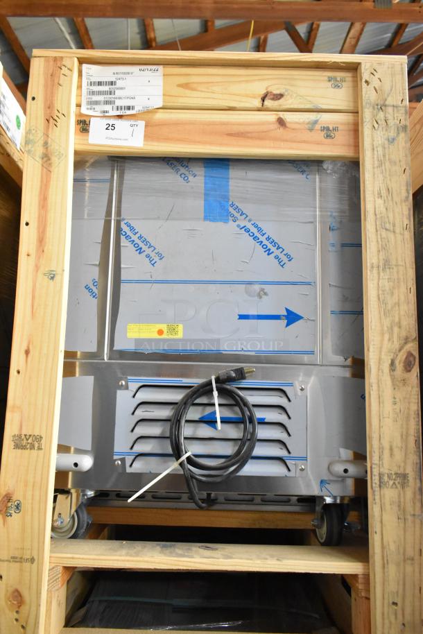 Brand new 2022 BKI 52473-1 stainless steel commercial meat freezer in crate, on casters, 115V, 1 phase.