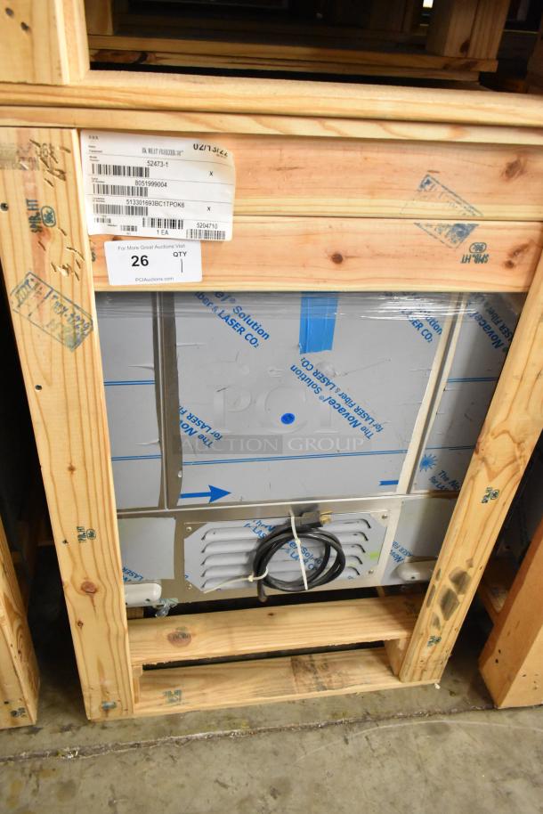 BRAND NEW 2022 BKI 52473-1 stainless steel commercial meat freezer in crate, on casters, 115 volts, 1 phase.