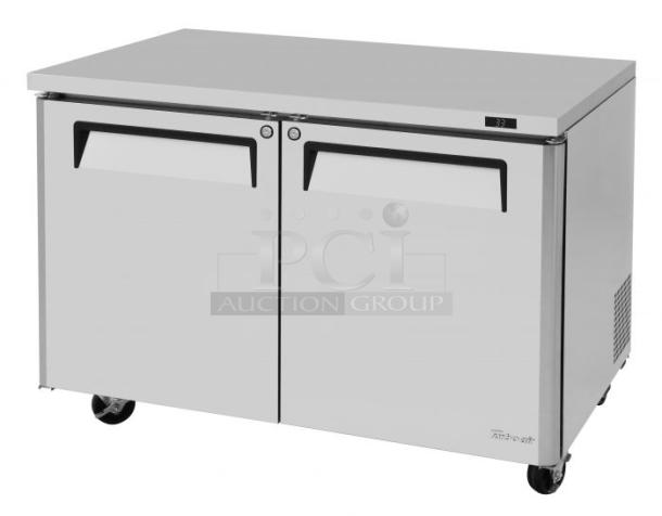 Brand new Turbo Air MUR-48-N stainless steel 2-door undercounter cooler, 115V, 1 phase, with digital display and casters.