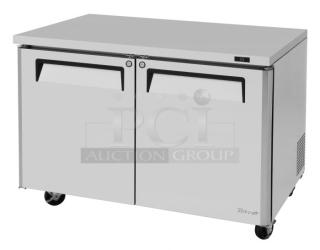 Brand new Turbo Air MUR-48-N stainless steel 2-door undercounter cooler, 115V, 1 phase, with digital display and casters.