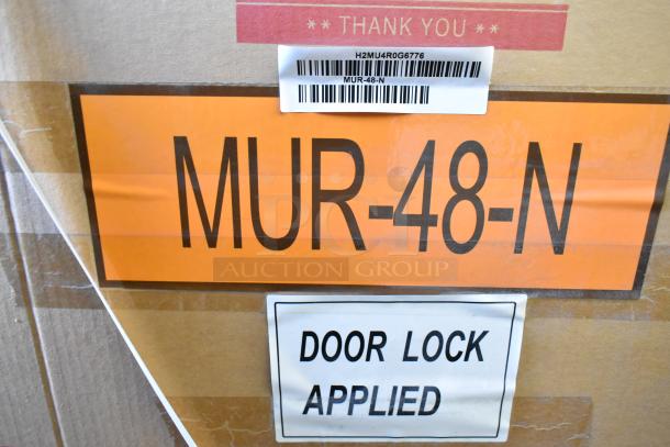 Brand new Turbo Air MUR-48-N stainless steel undercounter cooler in box, 115 volts, 1 phase, with door lock applied label.