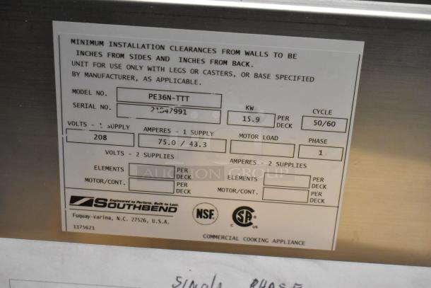 Southbend PE36N-TTT stainless steel griddle, 208V, 1 phase. Brand new with label showing model and electrical specs.