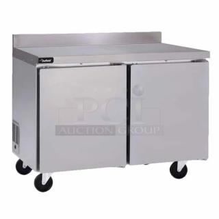 Brand new Delfield GUF60BP-S stainless steel 2-door worktop freezer, 115V, 1 phase, ideal for commercial use.