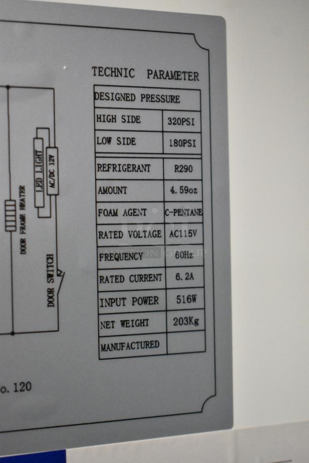 Alt text:  
Label detailing specs of the Avantco 178A49RHC cooler. Shows pressure, refrigerant type, voltage, frequency, and weight.