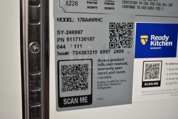 "Avantco 178A49RHC label showing model, serial number 754363210, and Ready Kitchen warranty QR codes."