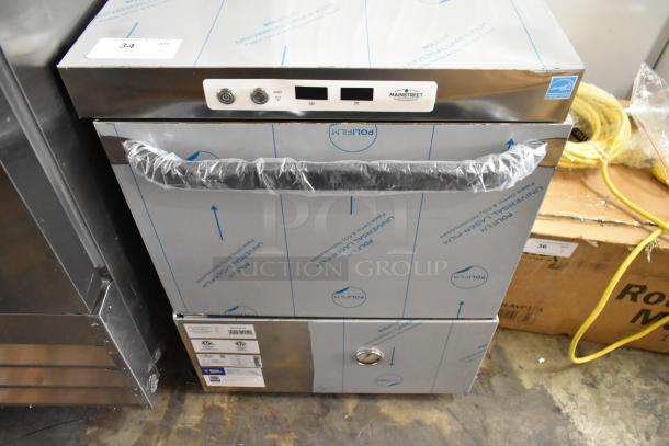 Brand new Mainstreet 541HTUC30 stainless steel undercounter dishwasher, high-temp, 208/240V, with protective film.