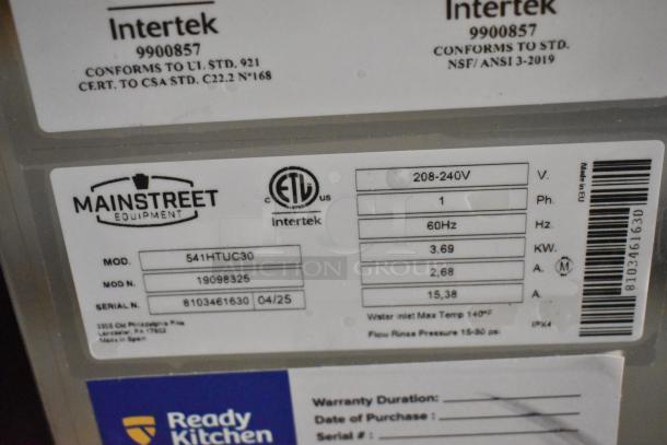 Mainstreet 541HTUC30 stainless dishwasher tag showing model, voltage 208/240V, and certification details. New condition.