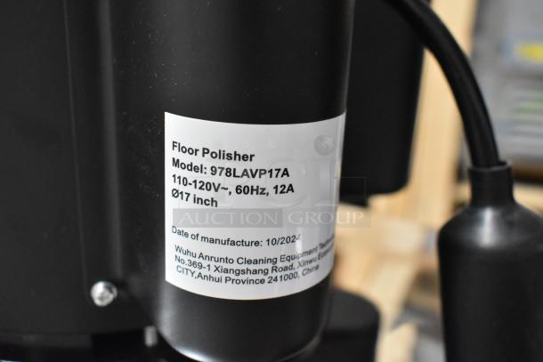 BRAND NEW Lavex 978LAVP17A 17" rotary floor machine, single speed, 110-120V, label shows model and tech specs.