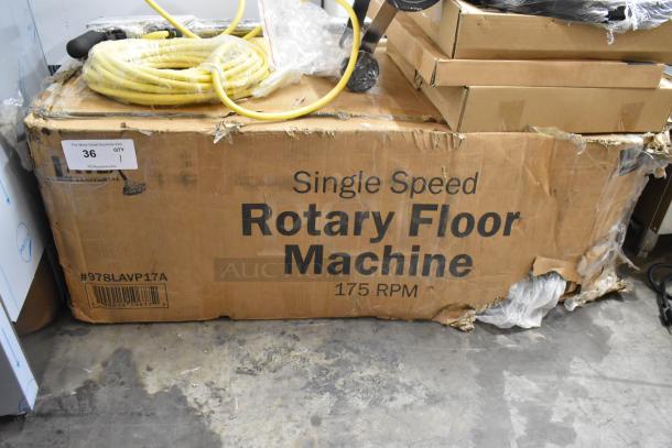 BRAND NEW SCRATCH AND DENT 2024 Lavex 978LAVP17A Rotary Floor Machine box, 17", 110-120 Volts, visible wear on packaging.